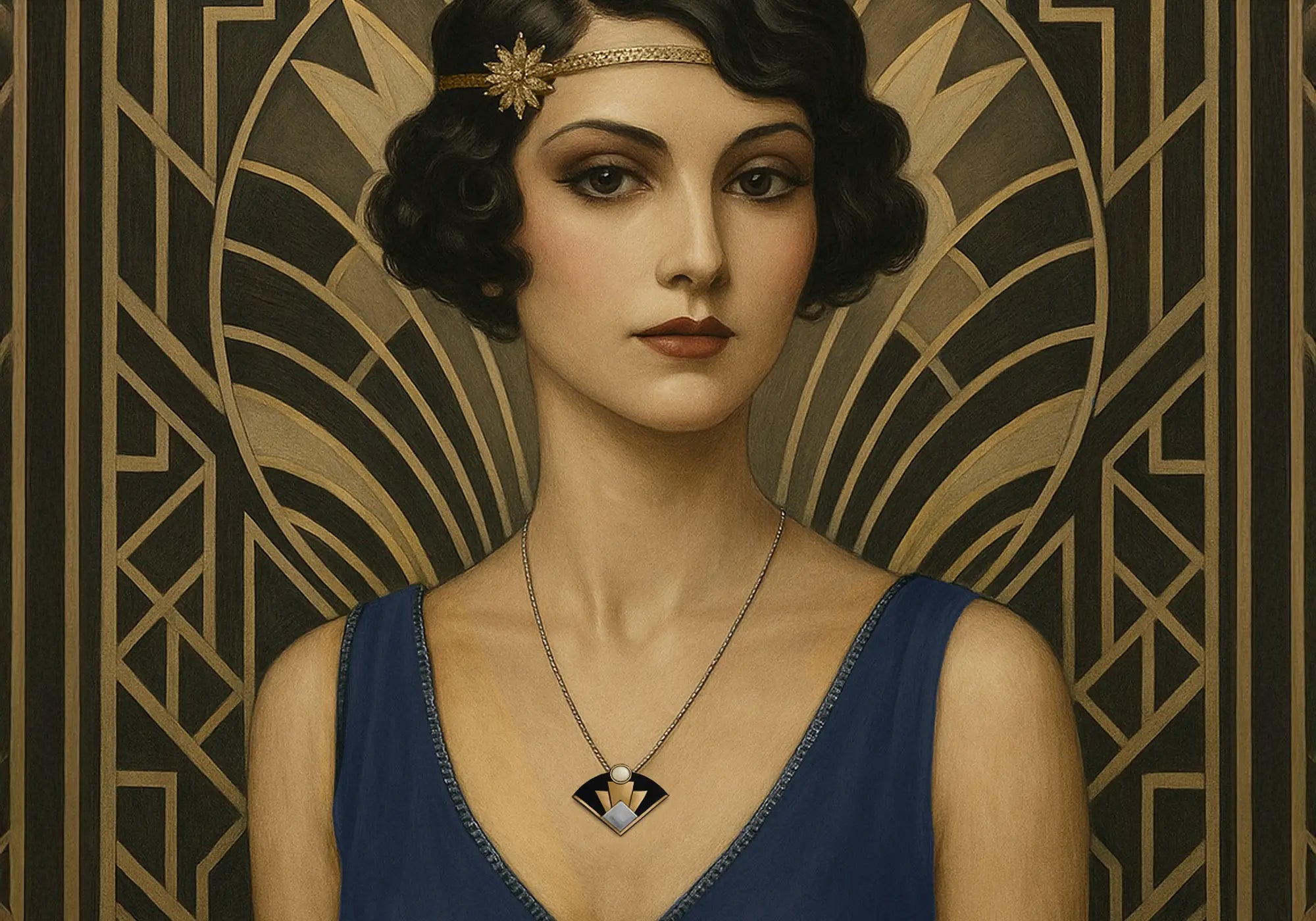 Elegant woman in 1920s Jazz Age style wearing vintage-inspired Art Deco jewellery — celebrating the glamour of antique jewellery and Bauhaus jewellery design
