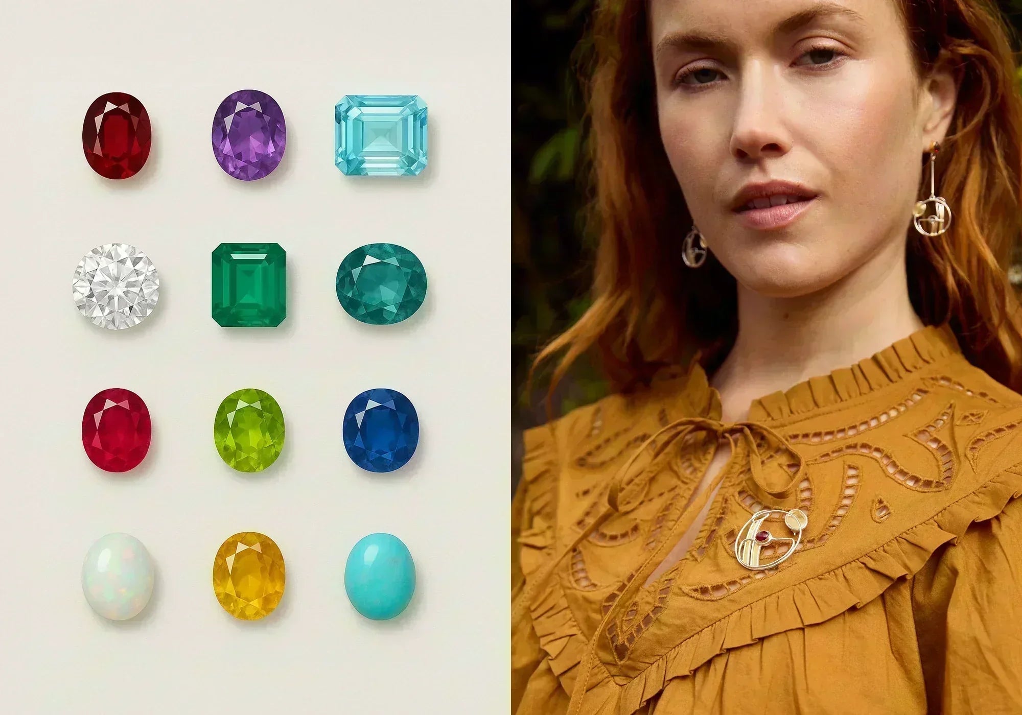 Colourful jewellery birthstones beside a model wearing Paula Bolton handmade silver and gold earrings with Ruby January Birthstone