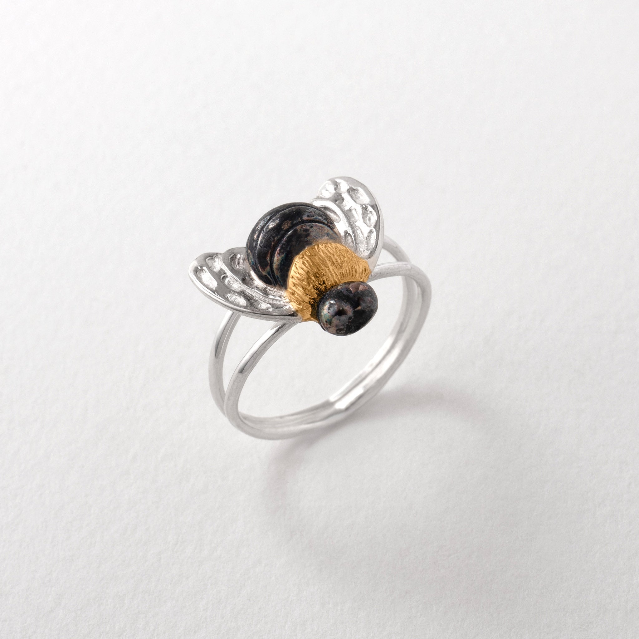 Bee Ring Sterling Silver Ring with Gold Plated Detail