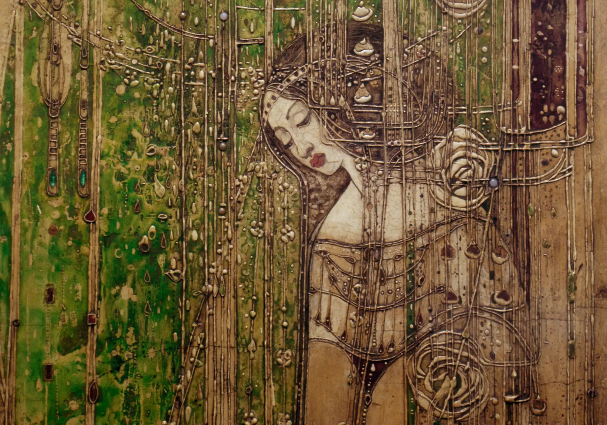 O Ye All Ye That Walk in Willowwood’ (1902) by Margaret Macdonald Mackintosh, an Art Nouveau panel using gesso and glass beads to depict ethereal feminine figures with flowing hair and dreamlike expressions