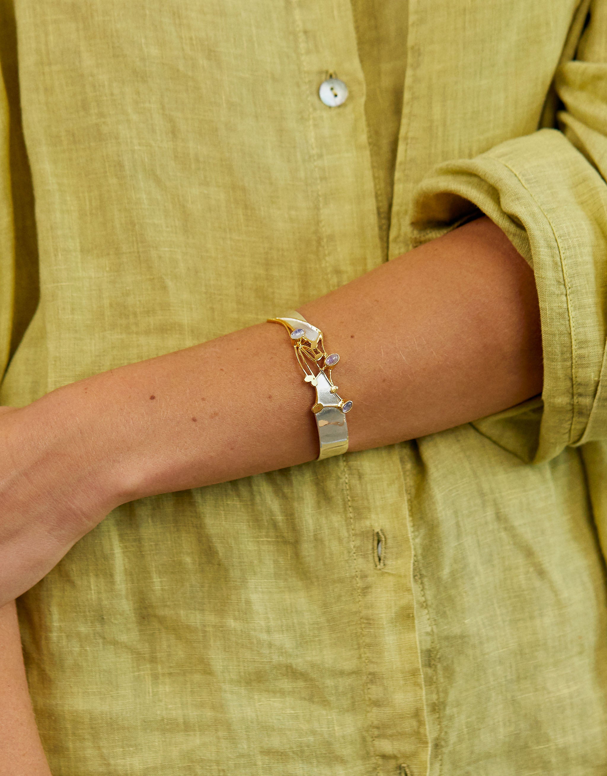 Hedgerow Wildflower bangle in sterling silver with 18ct gold plate and moonstone gemstones.