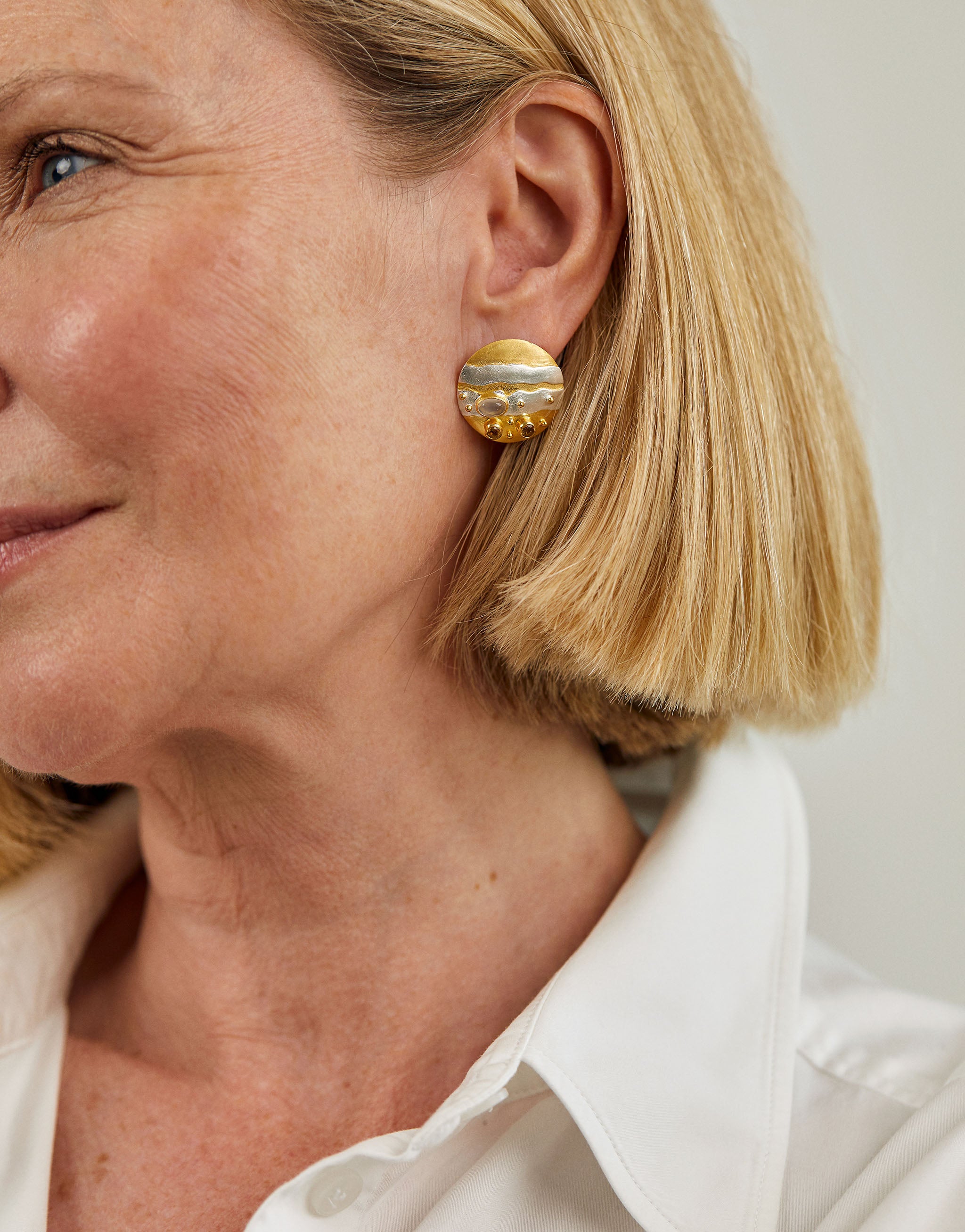 Jupiter inspired earrings in sterling silver with 18ct gold plate, moonstone and citrine.
