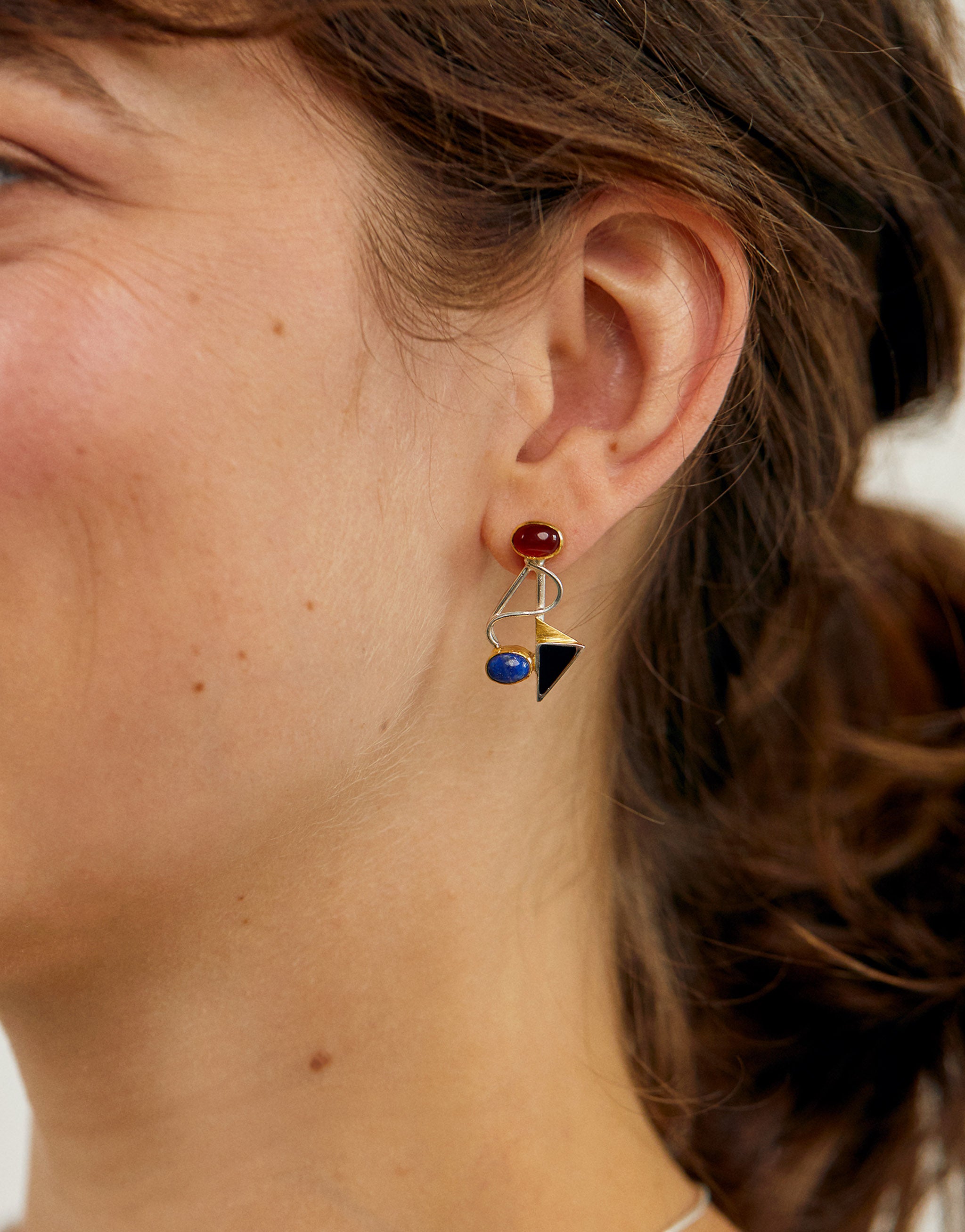 Abstract Wassily Kandinsky style earrings with silver, gold accents and colourful gemstones.