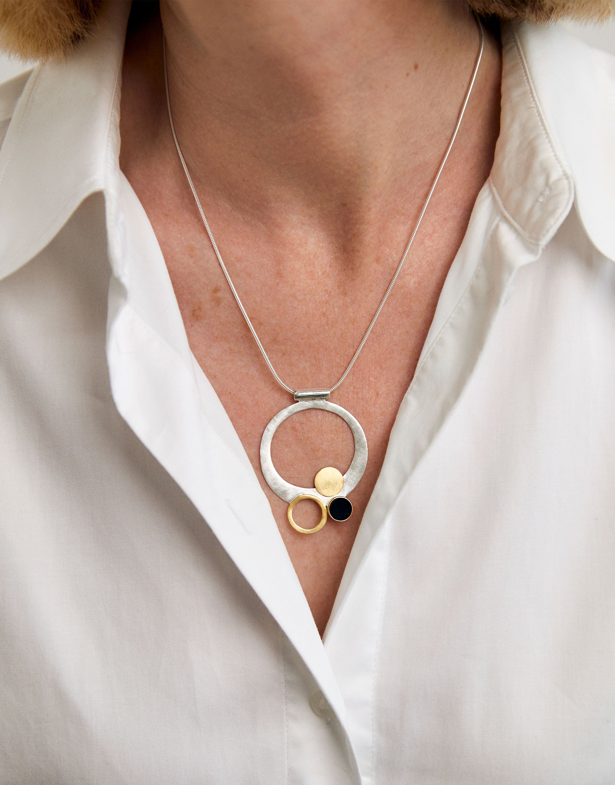 ustav Klimt inspired pendant necklace with silver, gold accents and onyx gemstone.