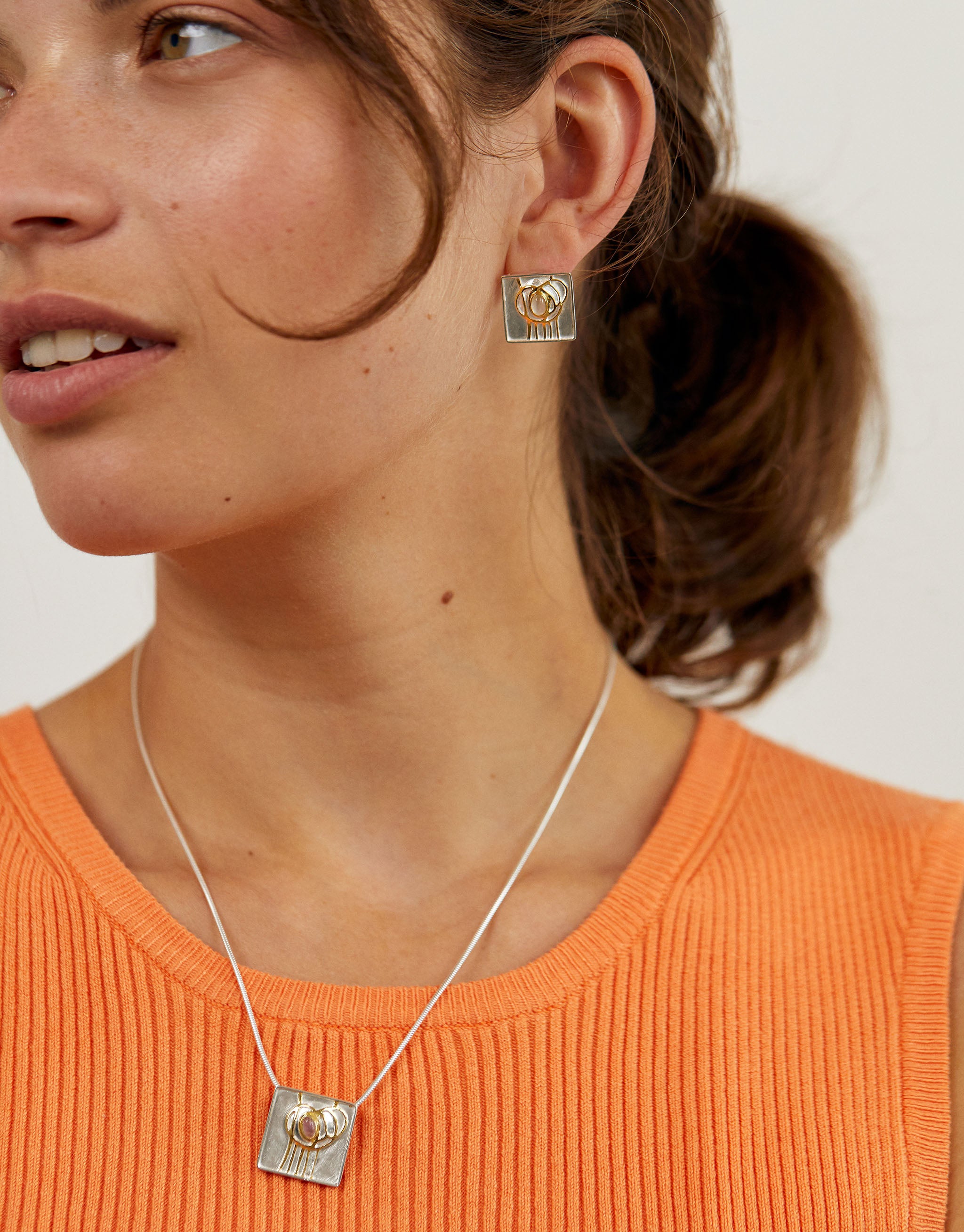 Charles Rennie Mackintosh School of Art jewellery set in sterling silver with 18ct gold plate and moonstone.