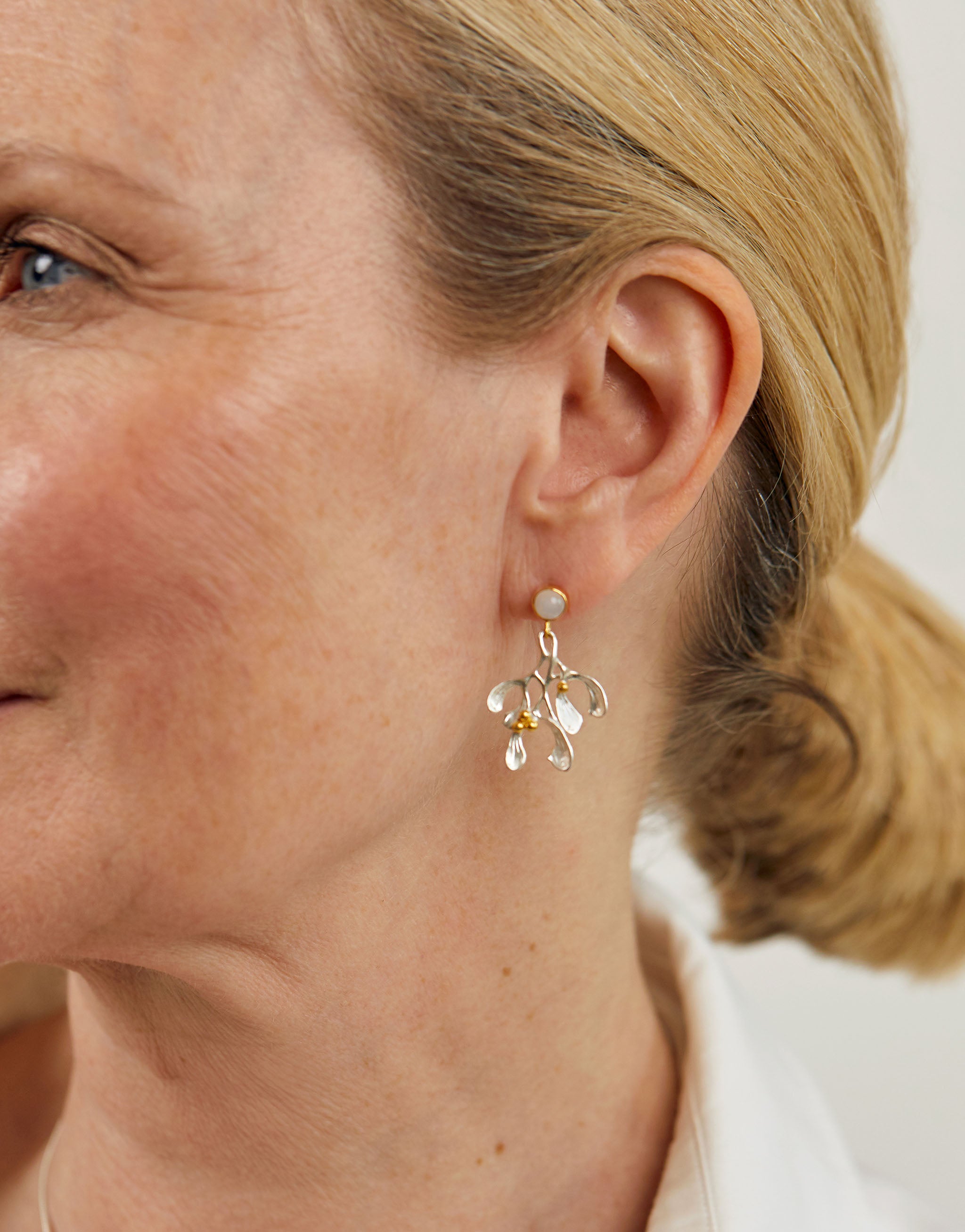 Mistletoe earrings in 925 sterling silver with 18ct gold plate and moonstone accents