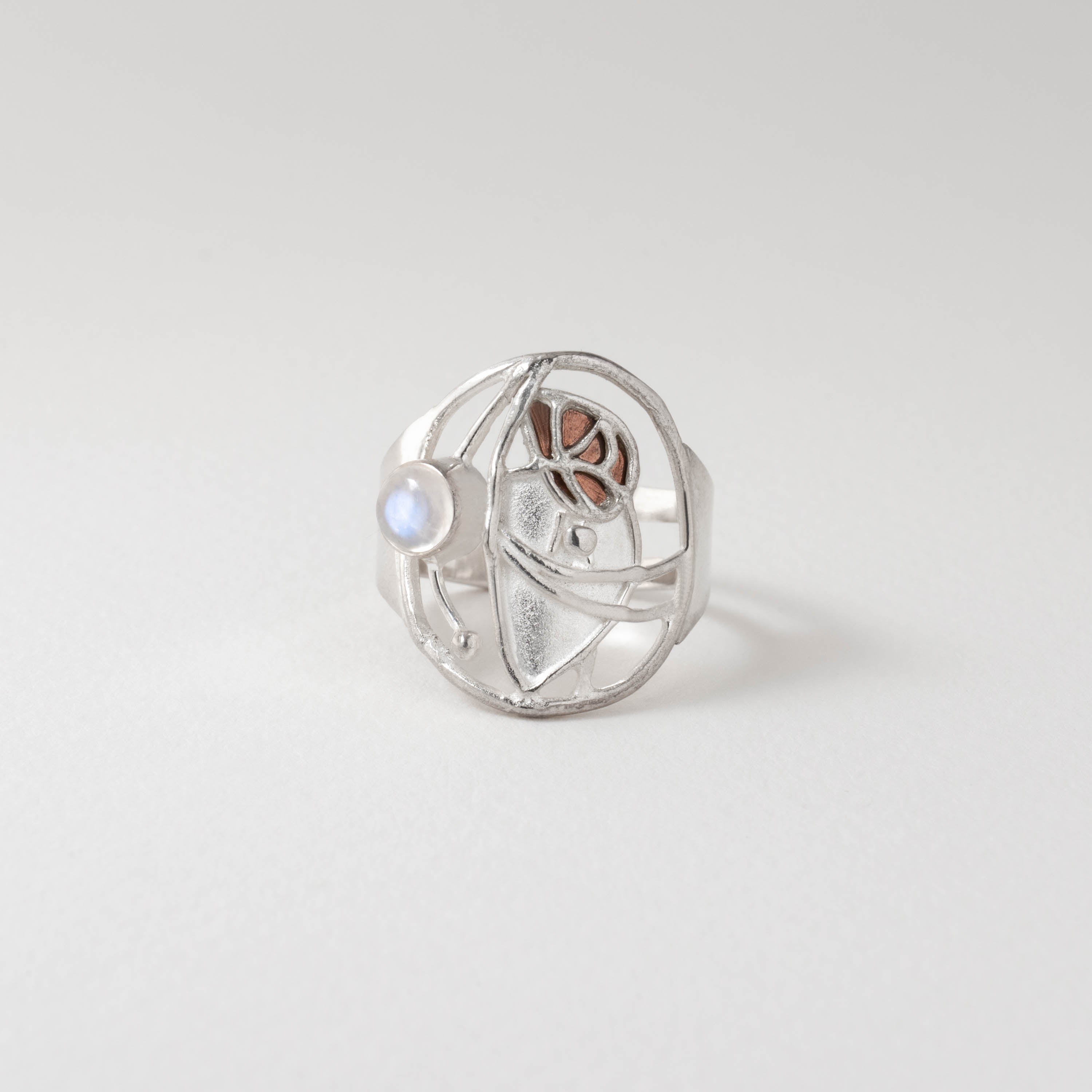 Charles Rennie Mackintosh inspired ring in sterling silver with flowing Art Nouveau curves and geometric design, echoing his iconic stained-glass style. Elegant modern interpretation of his timeless artistry.