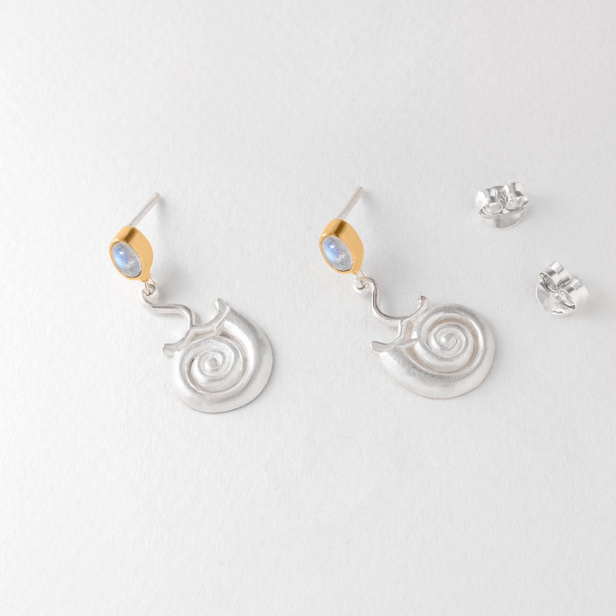 Silver Moon Shell Earrings with blue moonstone