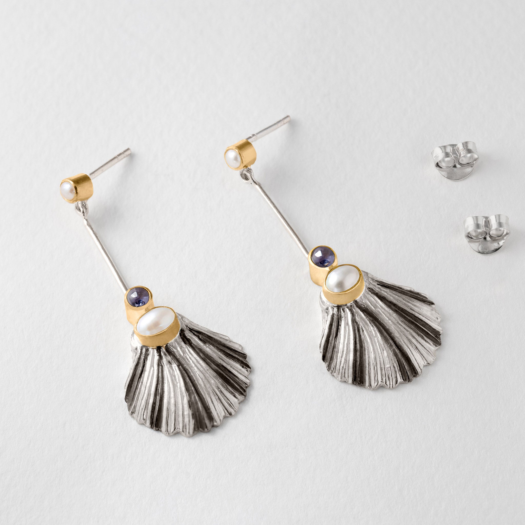 Silver Scallop Drop Earrings with Pearl and Iolite