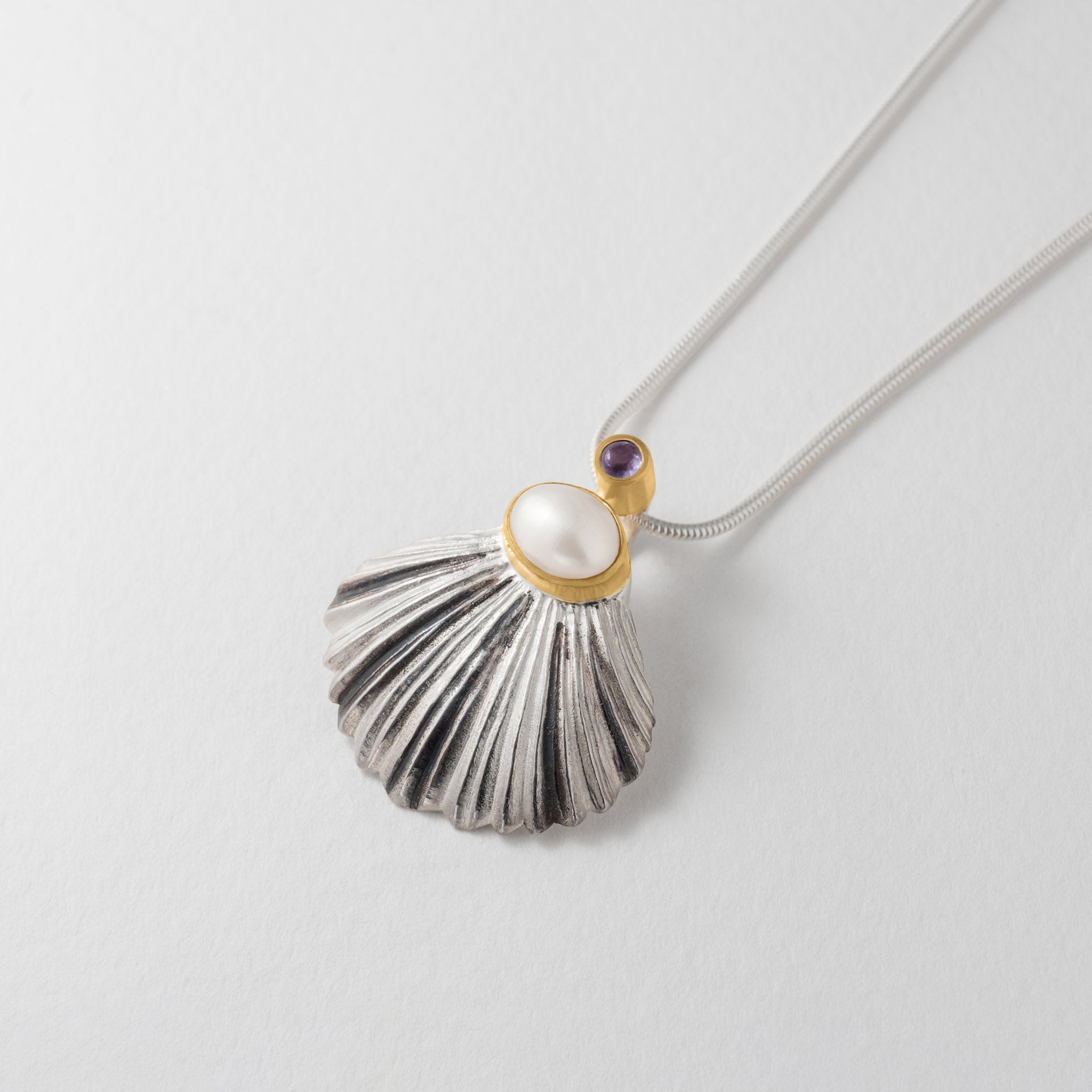 Silver Scallop Necklace with Pearl and Iolite Gemstones