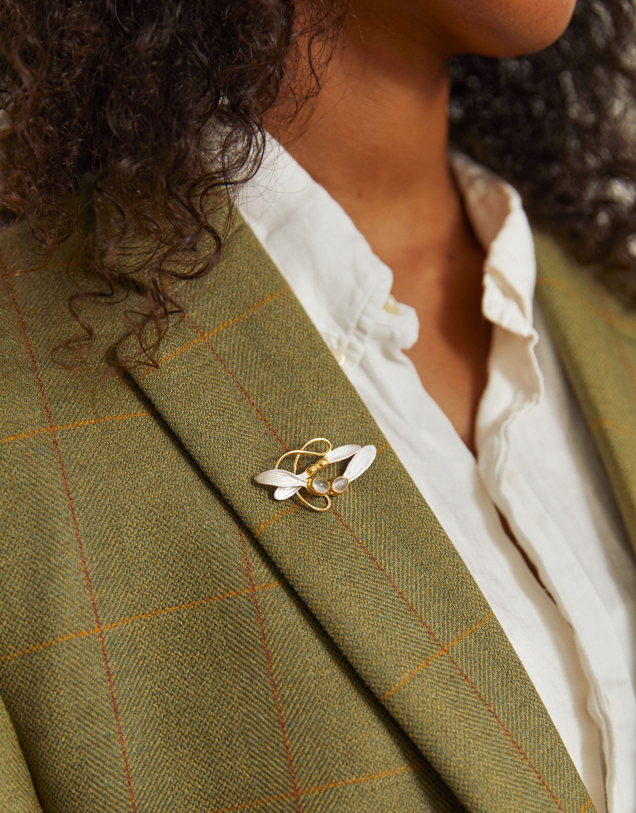 Autumn inspired sycamore seedpod brooch in sterling silver, 18ct gold plate with moonstones.