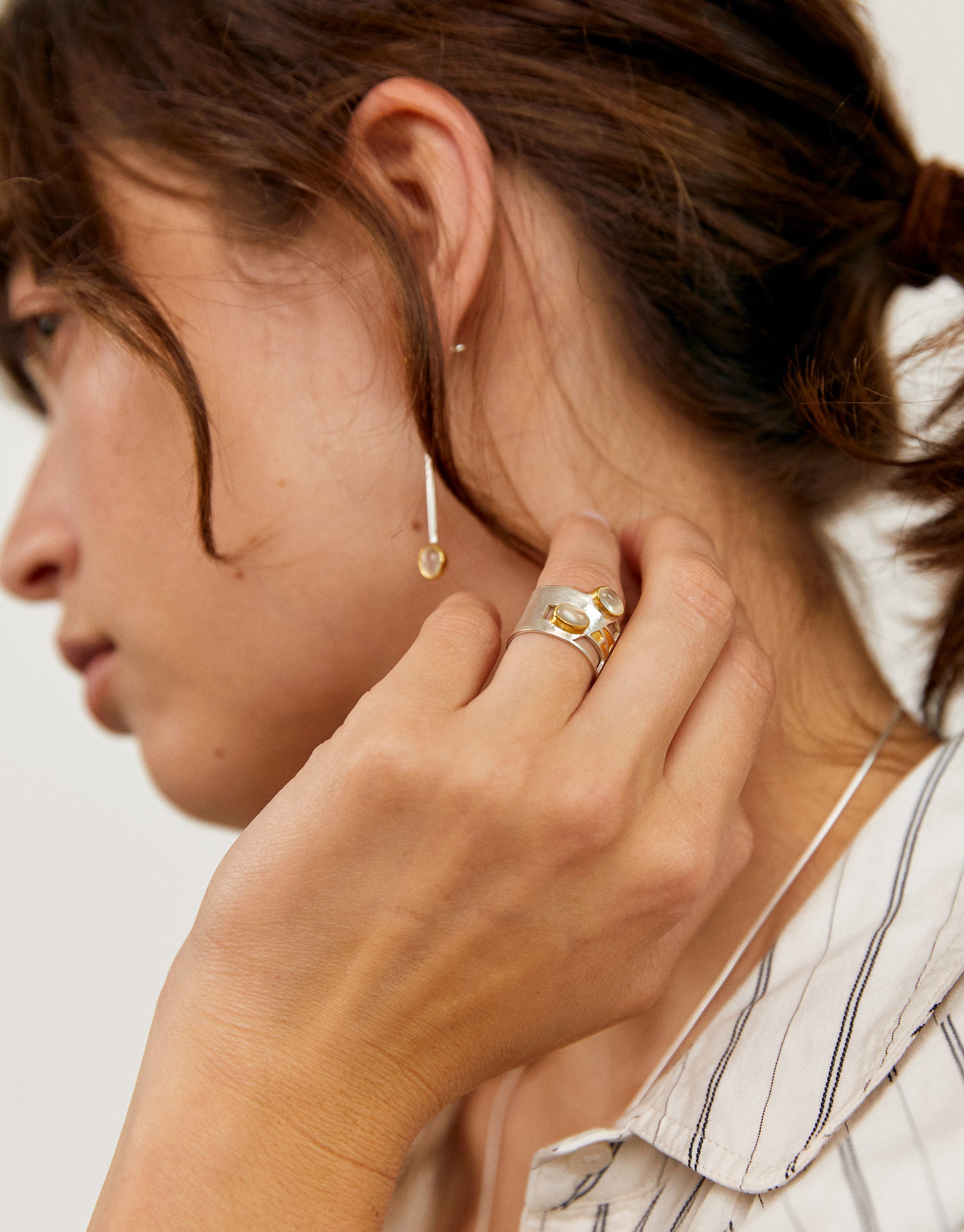 Silver and Gold Moonstone Ring in Mackintosh jewellery style