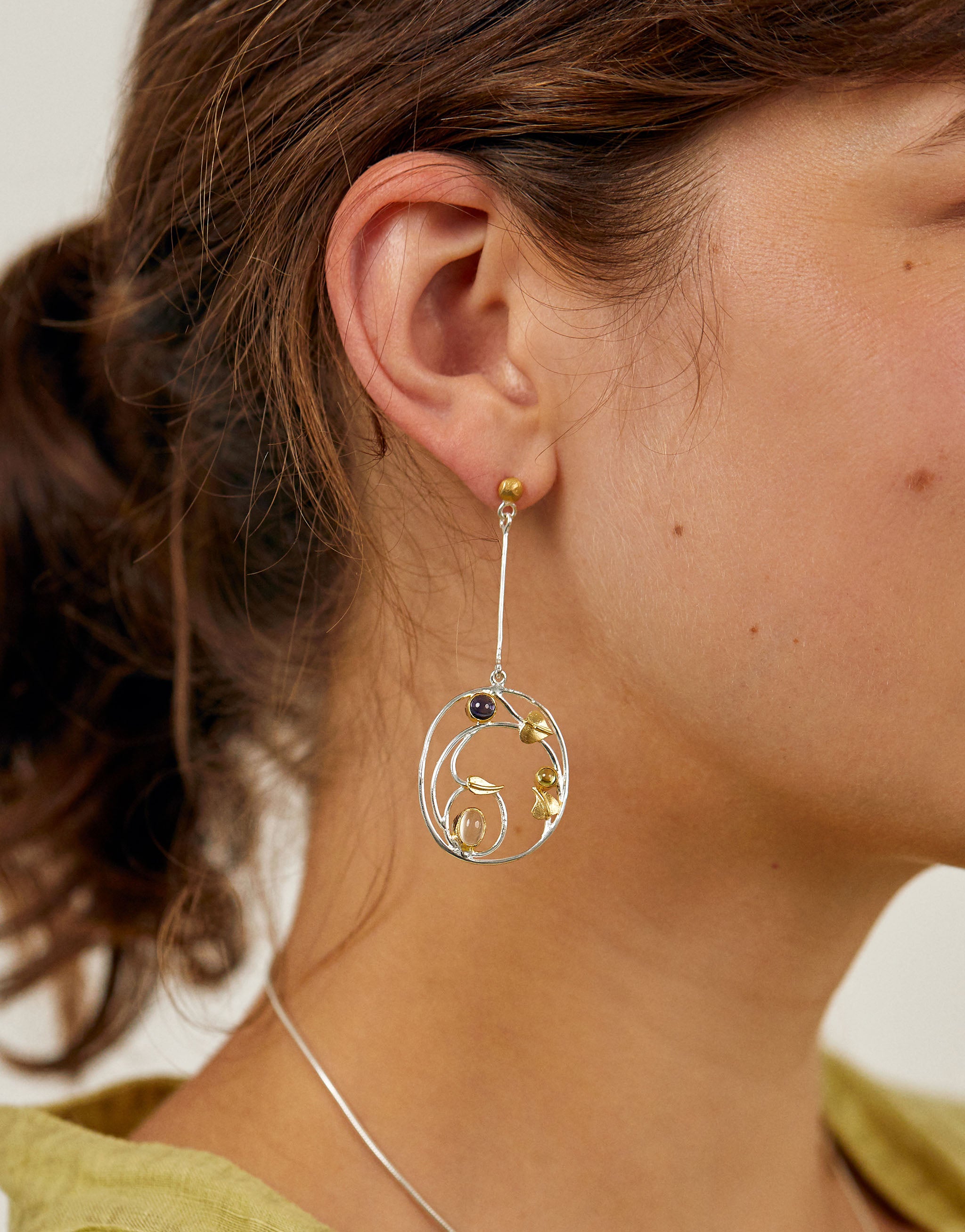 Art Nouveau Margaret Macdonald earrings in sterling silver with gold-plated accents and colourful gemstones.