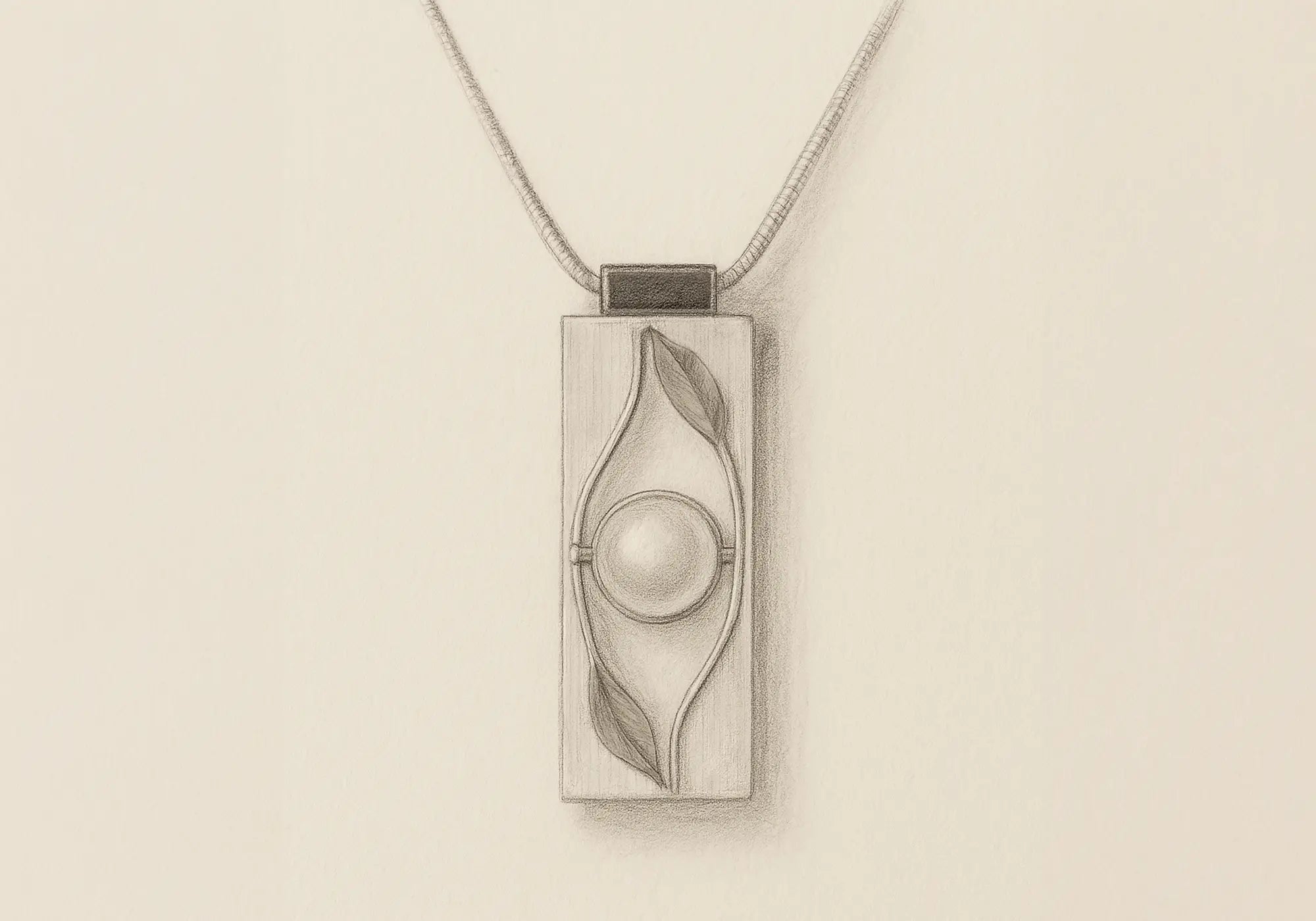 Pencil sketch of a handcrafted Art Deco pendant necklace design by Paula Bolton — showing the craftsmanship behind vintage-inspired jewellery.