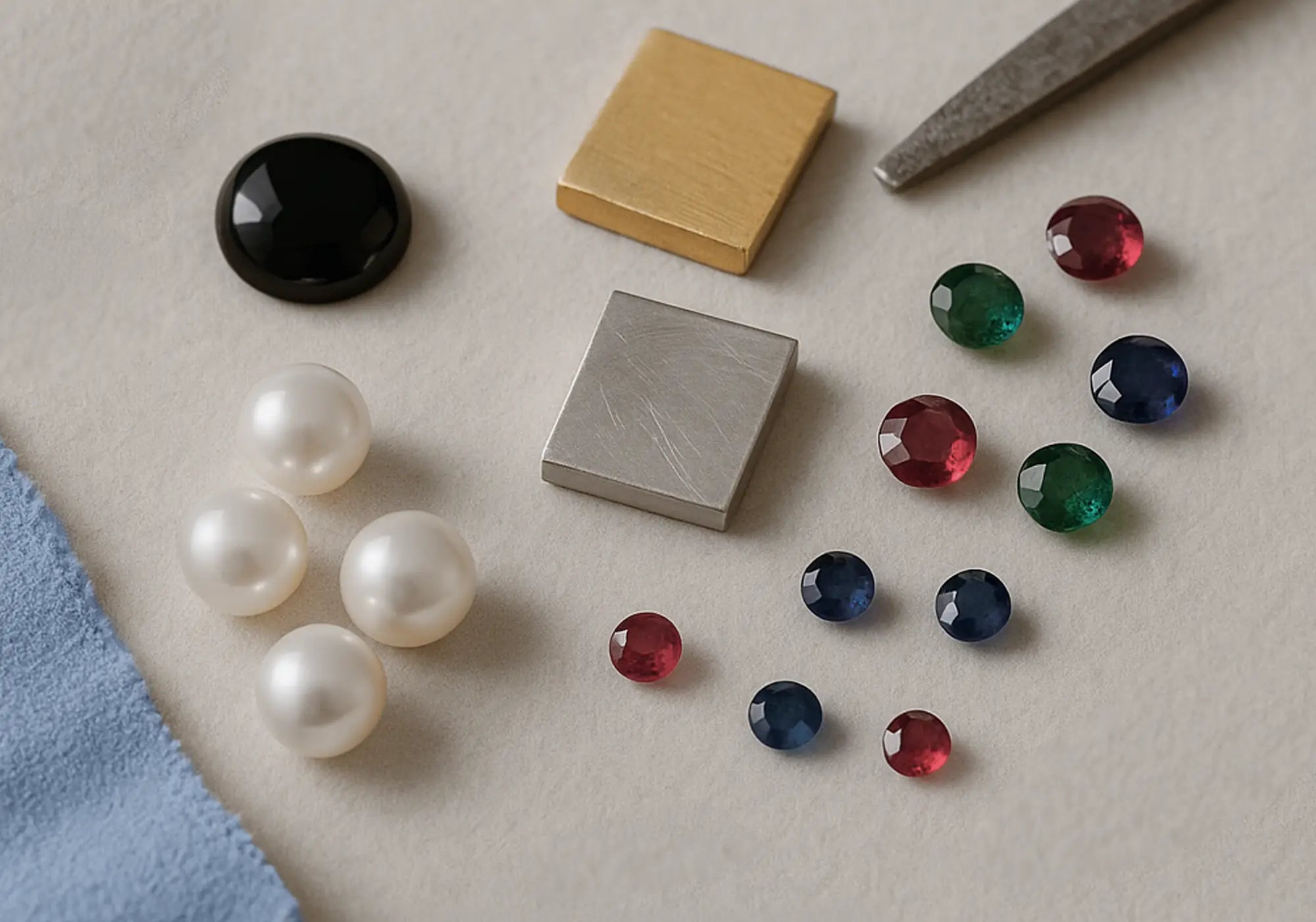 Jewellery making materials including pearls, black onyx, gold and silver elements used in Paula Bolton’s handcrafted Art Deco jewellery and vintage-inspired designs