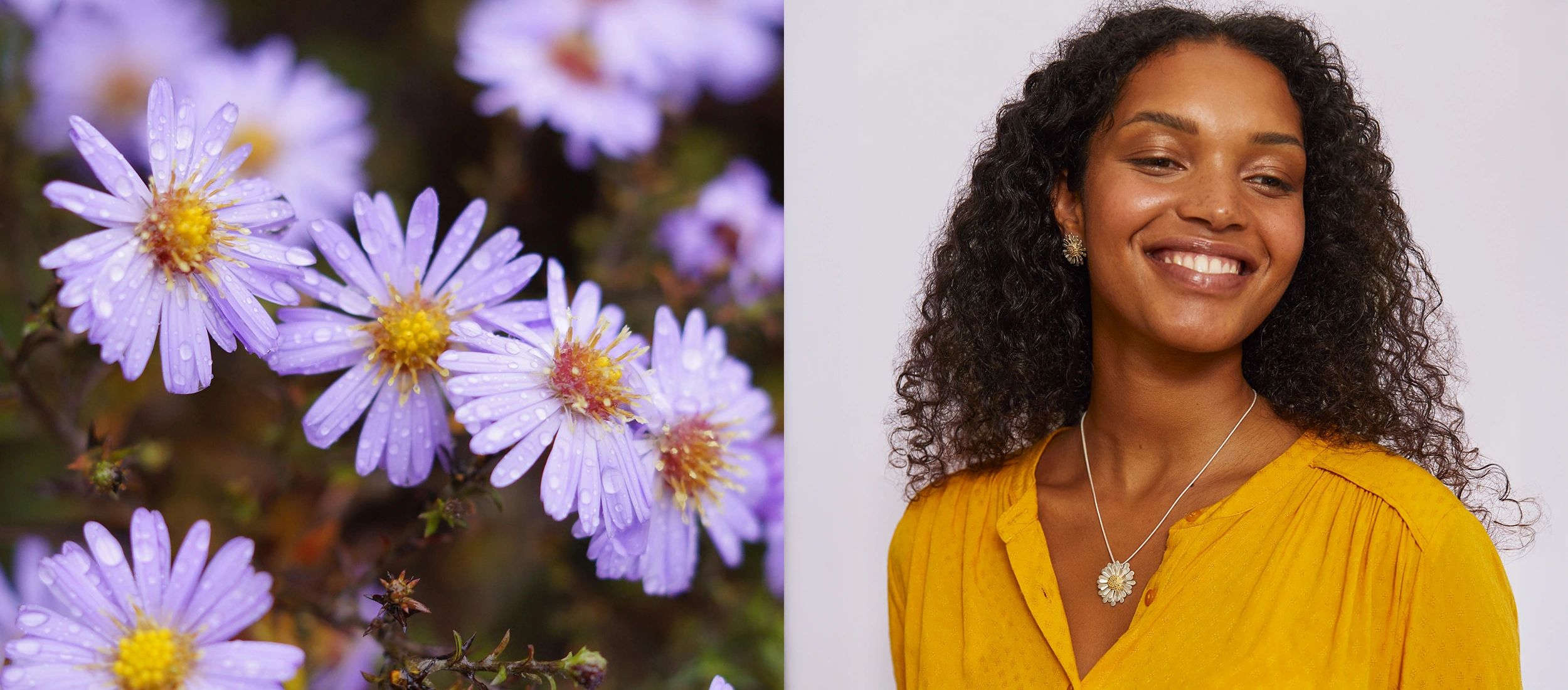 Woman in a yellow top with purple flowers on a white background