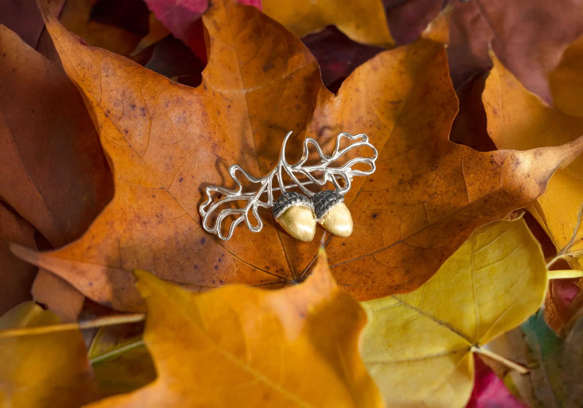 Autumn acorn leaf brooch in sterling silver and gold.