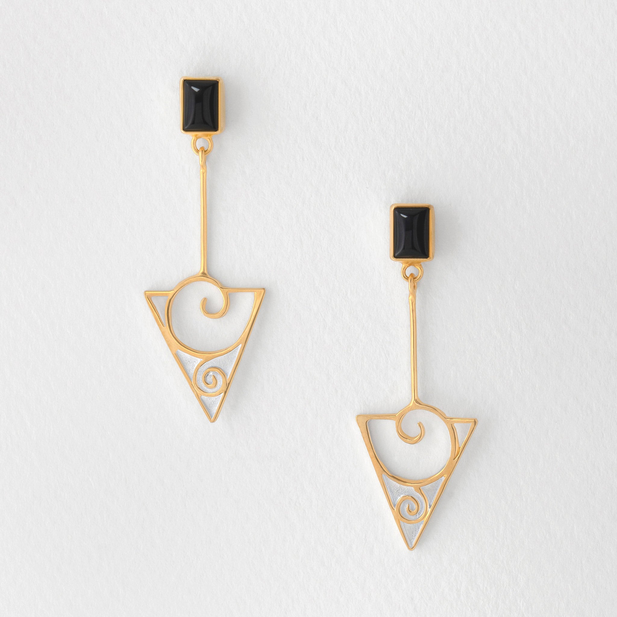 Gold triangular drop earrings with Gustav Kimt design and black onyx