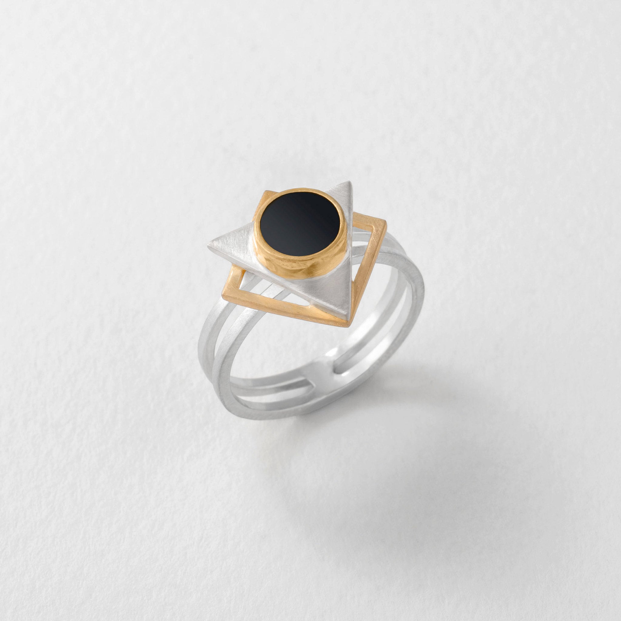 Unusual silver ring inspired by Gustav Klimt. Geometric ring in silver gold and black resin