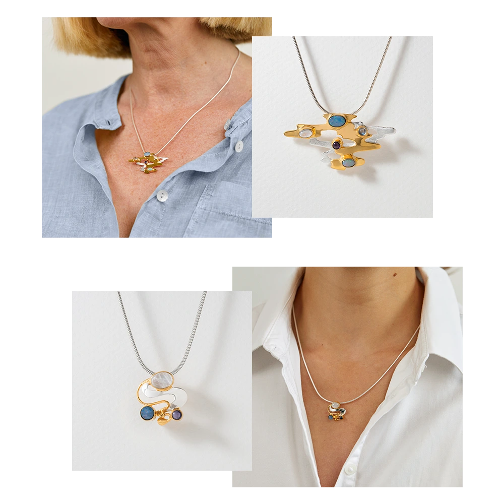 Collage of a opal necklaces and opal pendants with unique designs worn by different people