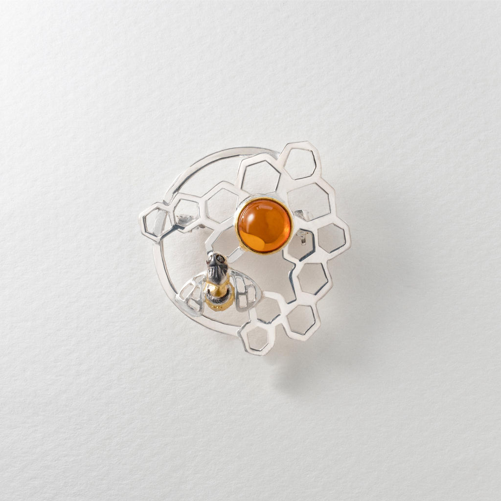 Paula Bolton Silver Jewellery - Honeycomb Bee Designer Brooch with Amber