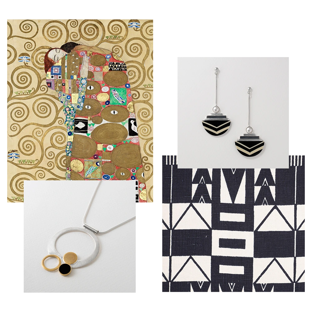 A collage of artistic designs and jewellery with a Klimt painting and geometric patterns.