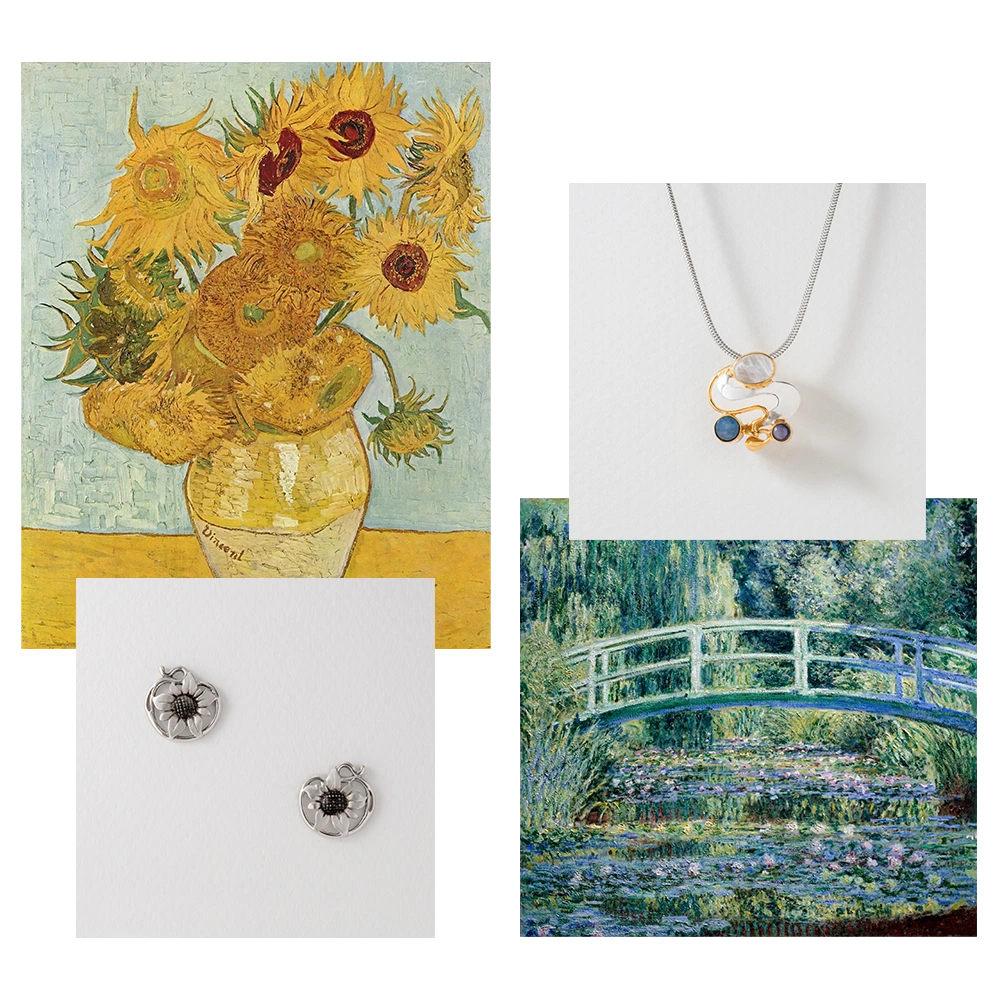 A collage of Van Gogh sunflowers, jewellery, and Monet's water lilies with a bridge.