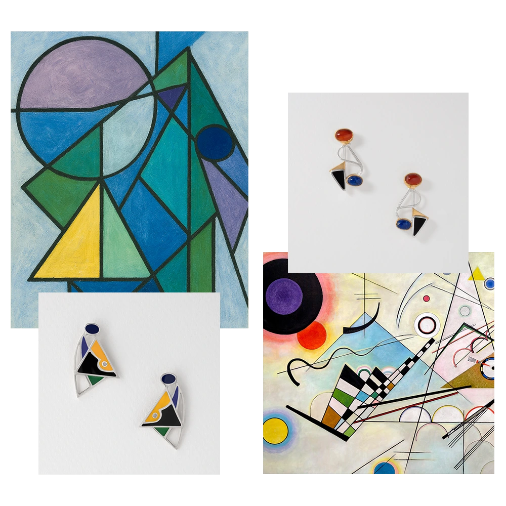 Colourful abstract art and jewellery with geometric shapes on a white background.
