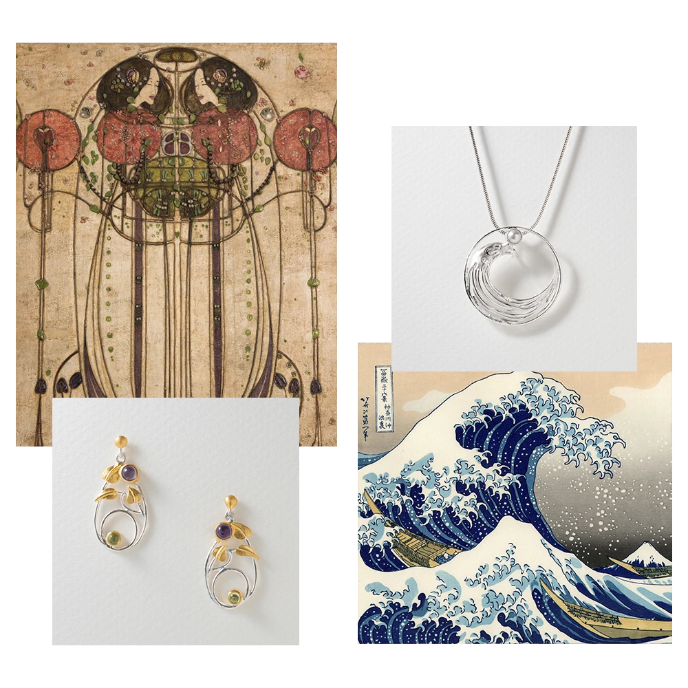 Jewellery set featuring earrings and a necklace, presented on a decorative card with an artistic design.