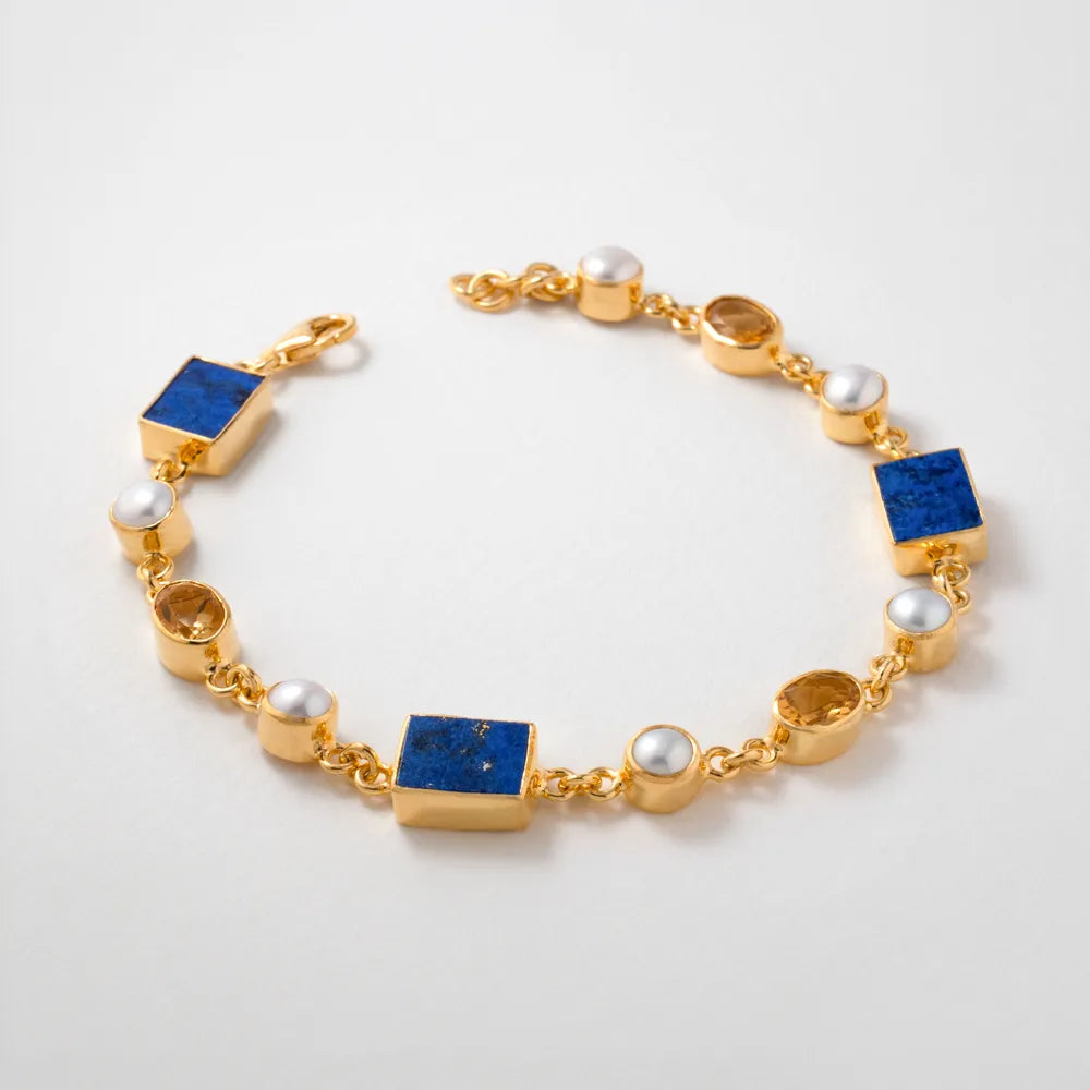 Vermeer Citrine Bracelet handmade in sterling silver with 18ct gold plate, featuring citrine, pearls and lapis lazuli stones.