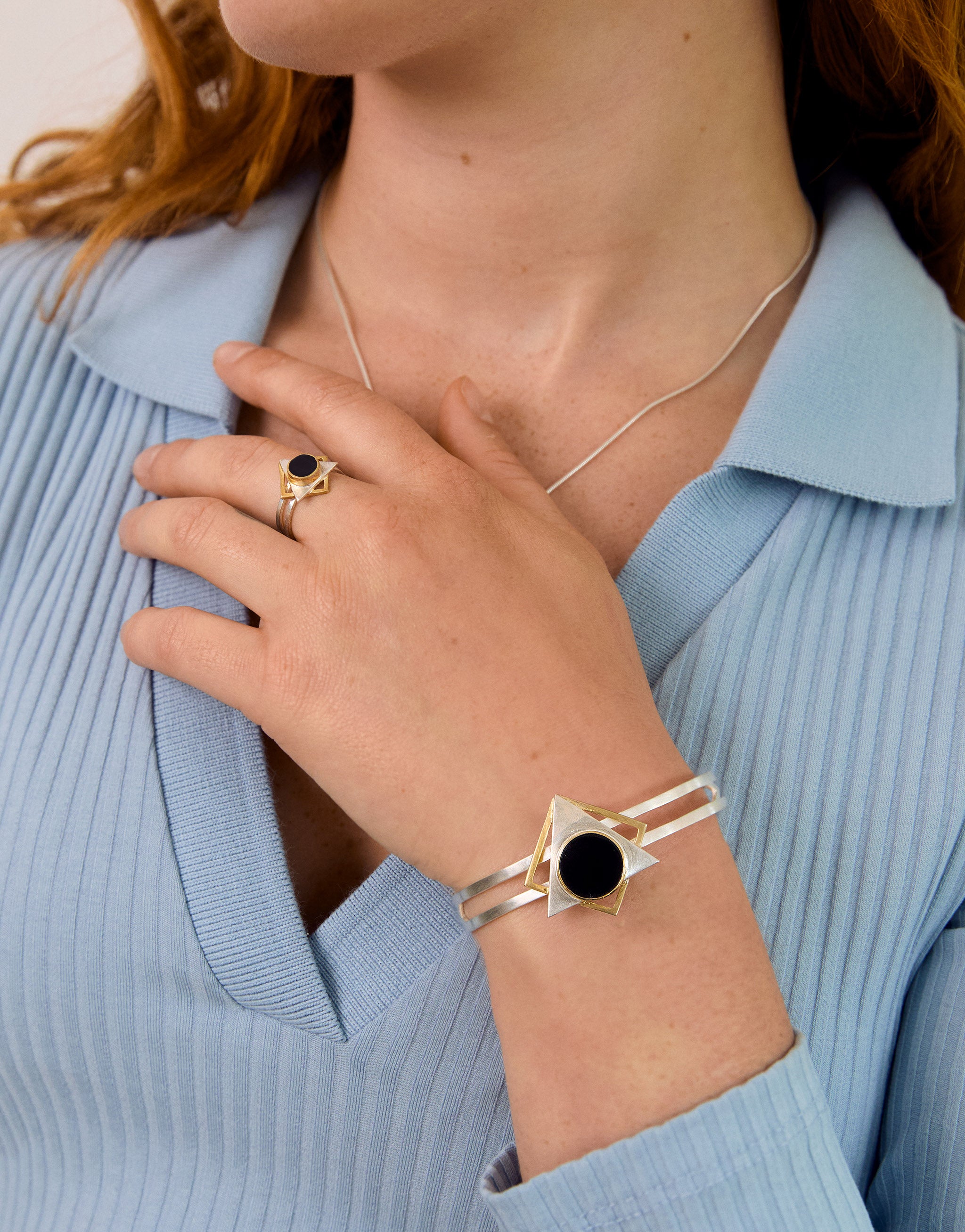 Ladies bangle and ring with Klimt inspired design. Unusual sterling silver bangle and ring in gold and resin