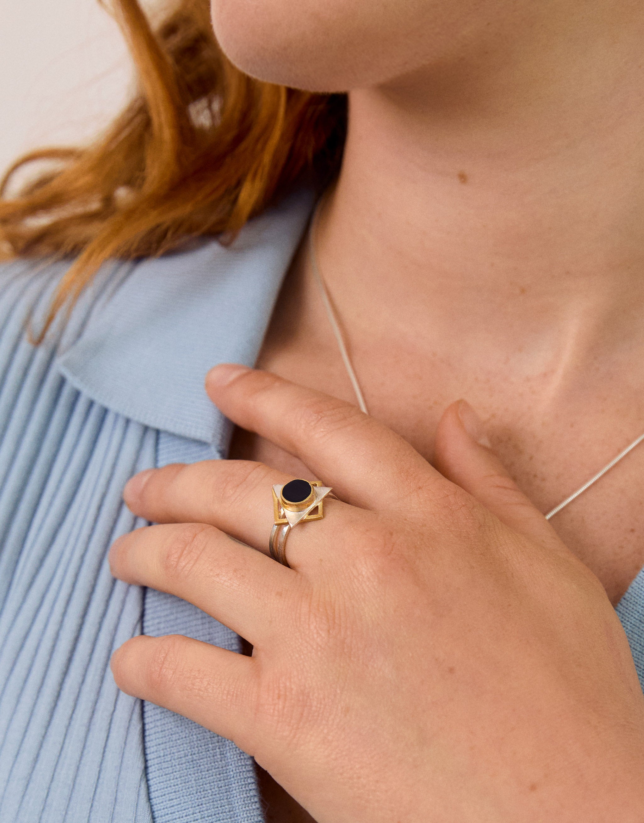 Unique ladies ring with Klimt inspired design in silver gold and black resin